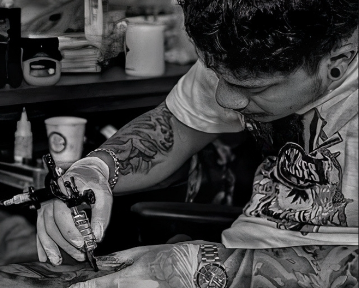 Neil at work with tattoo machine, Auburn Washington, Freehand Tattoo